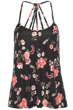 Load image into Gallery viewer, Black Floral Spaghetti Straps Strappy Back Top - XL