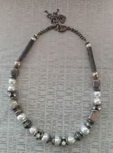 Load image into Gallery viewer, Miglio Shell Pearl & Crystal Necklace – Burnished Silver Beads (45cm)