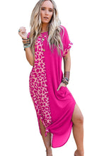 Load image into Gallery viewer, Rose Contrast Solid Leopard Short Sleeve T-shirt Dress with Slits