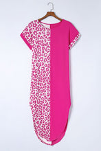 Load image into Gallery viewer, Rose Contrast Solid Leopard Short Sleeve T-shirt Dress with Slits