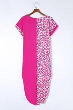 Load image into Gallery viewer, Rose Contrast Solid Leopard Short Sleeve T-shirt Dress with Slits