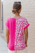 Load image into Gallery viewer, Rose Half Leopard Patchwork Short Sleeves Top