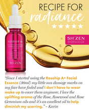 Load image into Gallery viewer, Sh'Zen Rosehip A+ facial essence bottle with a customer review