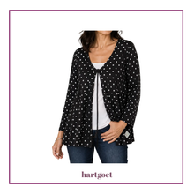 Load image into Gallery viewer, A woman wearing a black long-sleeve cardigan with a white polka dot pattern over a white top and blue jeans, shown against a white background with a purple border and the brand name hartgoet below.