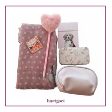 Load image into Gallery viewer, Collection of products in pink shades, including a polka dot scarf, stud earrings, pink pen, small notebook, manicure set and a small make-up pouch, on a white background.