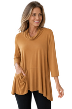 Load image into Gallery viewer, Model wearing a mustard colour top and black pants, on a white background