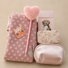Load image into Gallery viewer, Pink scarf with polkadots, Miglio stud earrings, pink pen with fluffy heart, notebook, manicure set and cosmetic bag