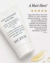 Load image into Gallery viewer, Sh'zen Anti-Fatigue Eye Gel packaging with product description and customer review on a white background