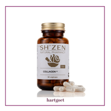 Load image into Gallery viewer, Bottle of Sh'Zen Collagen+ supplement with capsules on a white background