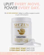 Load image into Gallery viewer, A white tub of SH'ZEN Creatine+ powder with a white scoop, set against a clean white background with promotional text. The product packaging features gold lettering and a gold rose graphic.