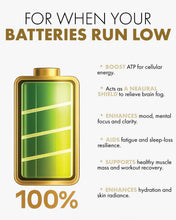 Load image into Gallery viewer, Promotional graphic for Shizen Creatine+ showing a large green and gold battery icon with the text 'FOR WHEN YOUR BATTERIES RUN LOW' and a list of benefits including boosting ATP for cellular energy, acting as a neural shield to relieve brain fog, enhancing mood, focus, and clarity, aiding fatigue and sleep-loss resilience, supporting healthy muscle mass and workout recovery, and enhancing hydration and skin radiance.