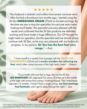 Load image into Gallery viewer, A promotional graphic with three testimonial quotes from customers in white text boxes over a background showing a person's legs and feet. The brand name 'Sh'Zen' is visible in the testimonial text.