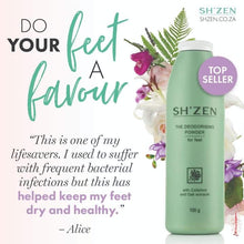 Load image into Gallery viewer, Bottle of ShZen Deodorising powder for feet with a customer review