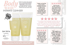 Load image into Gallery viewer, SH'ZEN Feminine body wash with customer reviews on a white background