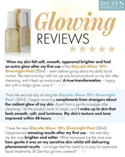 Load image into Gallery viewer, A product review graphic for Sh'Zen Glycoic Glow 10% Overnight Peel. The top features a small bottle of the product next to a gold gradient title reading 'Glowing Reviews' and five gold stars.