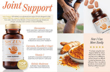 Load image into Gallery viewer, Bottle of Sh'Zen Joint Support tablets with product info and a customer review