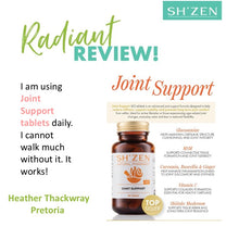 Load image into Gallery viewer, Bottle of ShZen Joint Support tablets with product info and a customer review