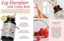 Load image into Gallery viewer, Bottle of Sh'Zen Leg Energiser with Cramp Bark with product info and a customer review