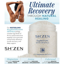 Load image into Gallery viewer, Advertisement for Sh'Zen MagRestore Bath Crystals with a person stretching in the background.