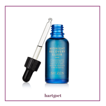 Load image into Gallery viewer, Blue bottle of 'Sh'Zen Midnight Recovery Elixir' with a dropper on a white background.