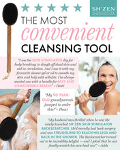 Load image into Gallery viewer, Advertisement for Sh'zen oval skin stimulator backscratcher with customer reviews and images of people using it.