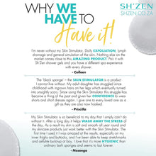 Load image into Gallery viewer, Promotional text for Sh'Zen Skin Stimulator with customer testimonials on a white background.