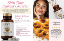 Load image into Gallery viewer, Sh'Zen Skin Tone Pigment Corrector supplement bottle with packaging details and a woman's face.