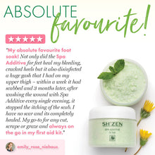 Load image into Gallery viewer, Shizen Spa Additive jar with green powder and mint leaf on a white background, featuring a five-star review.