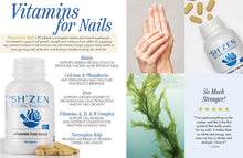 Load image into Gallery viewer, Advertisement for Shizen vitamins for nails with product packaging, hand holding a nail, and text.