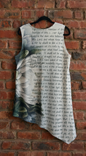 Load image into Gallery viewer, Back of a sleeveless dress with a flower design and black script