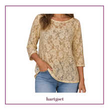 Load image into Gallery viewer, Model wearing a light yellow lace top and jeans