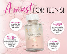 Load image into Gallery viewer, Bottle of Sh'Zen Natural Essence Clearing lotion and text with info about ingredients and benefits