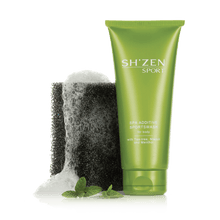 Load image into Gallery viewer, Black rectangle bath sponge and tube of Sh'Zen Spa Additive Sportswash for body
