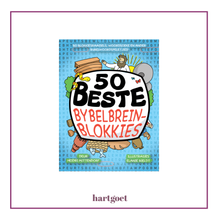 Load image into Gallery viewer, Book cover of '50 Beste Bybelbrein-Blokkies' with colorful illustrations on a blue background
