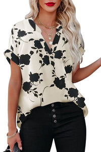 Floral Printed Short Sleeve Blouse - Cream & Black