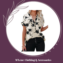 Load image into Gallery viewer, Ladies Floral Printed Short Sleeve Blouse - Cream &amp; Black
