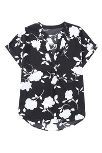 Ladies Floral Print Short Sleeve Blouse - Black & Cream