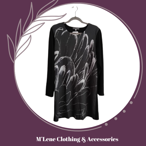Black Winter Dress with Protea Print - XL