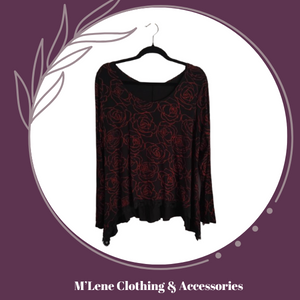 Longsleeve Top - Black with Red Rose Print