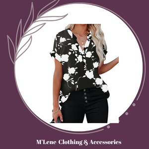 Ladies Floral Print Short Sleeve Blouse - Black & Cream