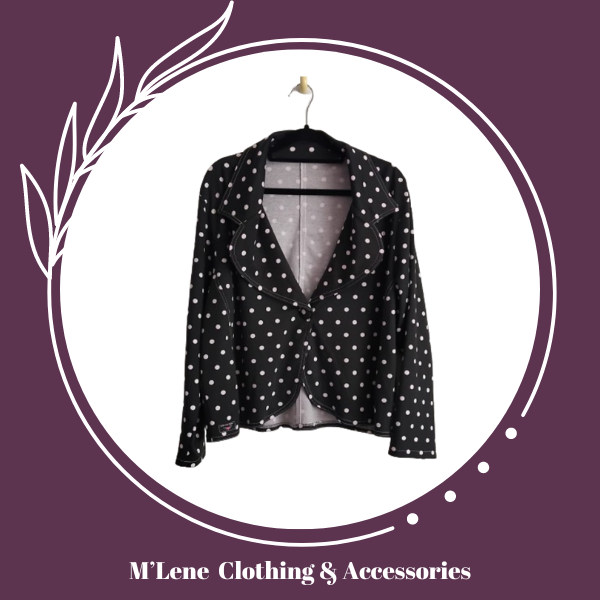 Crop Blazer With Button - Black With White Polkadots