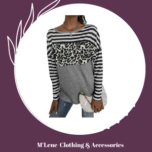 Striped & Leopard Print Longsleeve Top - Grey