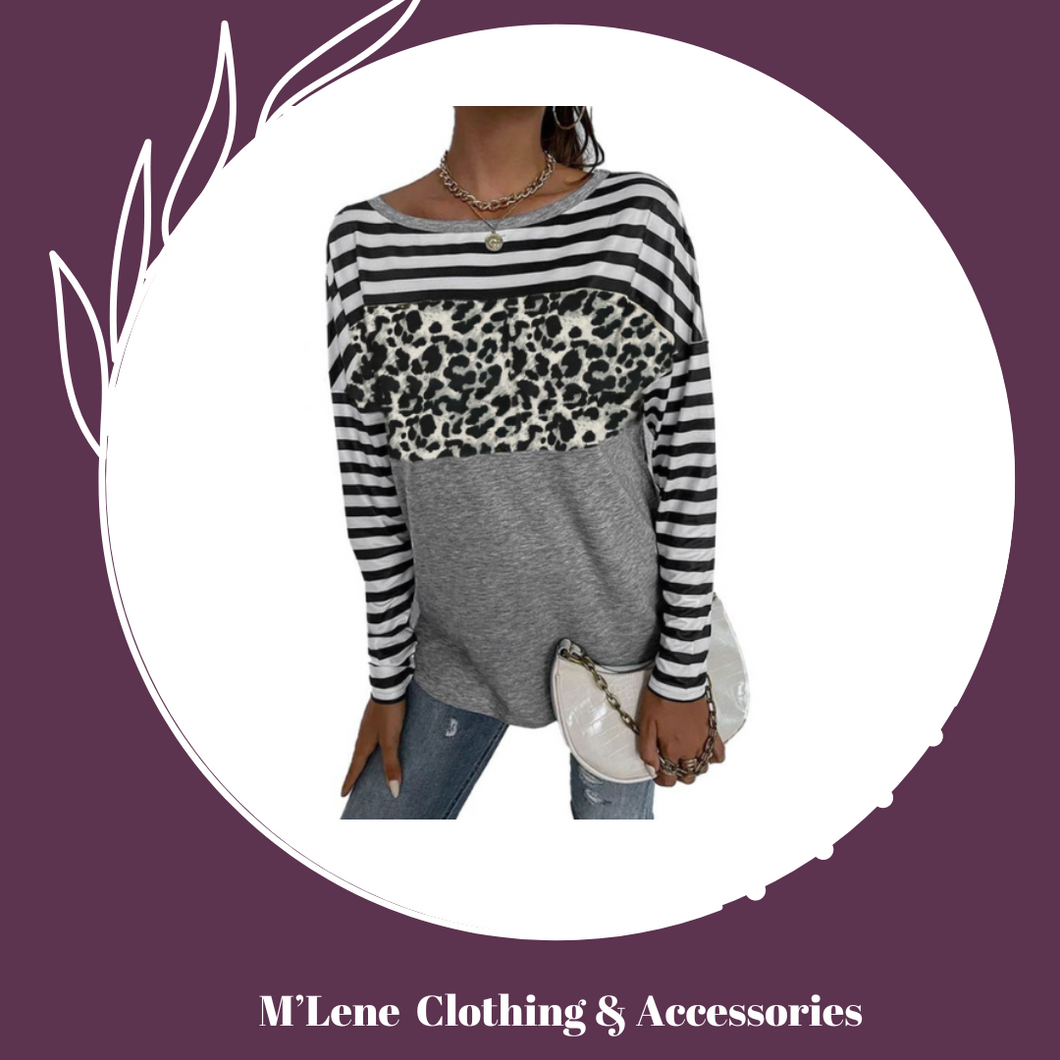 Striped & Leopard Print Longsleeve Top - Grey