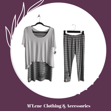 Load image into Gallery viewer, Grey &amp; White Shift Dress, Leggings and White Box Top - L
