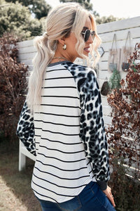 Leopard Print & Striped Raglan Sleeve Top