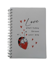 Load image into Gallery viewer, Love Bug Notebook (love what today throws at you) &amp; Lip Balm &amp; Red Fluffy Heart Pen
