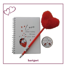 Load image into Gallery viewer, Love Bug Notebook (love what today throws at you) &amp; Lip Balm &amp; Red Fluffy Heart Pen
