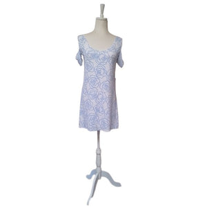 Open Shoulder Dress - White with Blue Rose Print