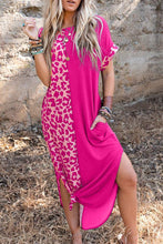 Load image into Gallery viewer, Rose Contrast Solid Leopard Short Sleeve T-shirt Dress with Slits
