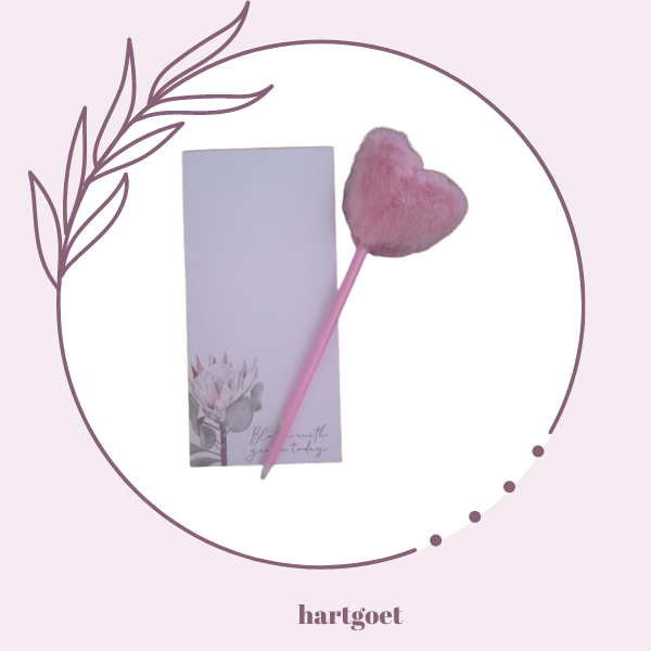 Protea Magnetic Memo Pad & Pink Fluffy Heart Pen